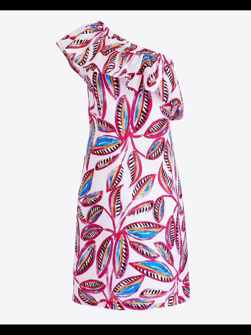 One-Shoulder Tropical Leaf Print Dress in Pink & Blue